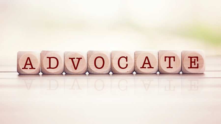 Letters pictured on dice that spell out Advocate